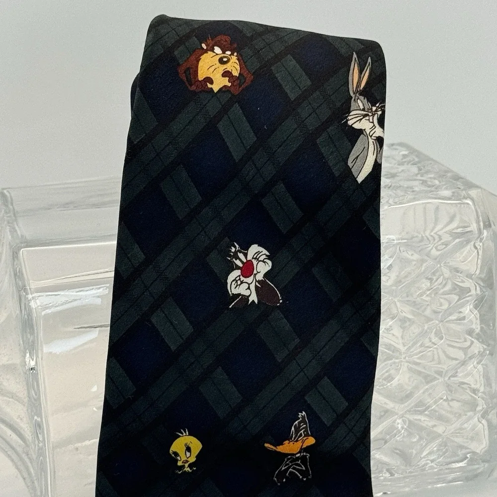 VTG 1993 Looney Tunes Tie Blue Plaid Mania‎ Tweety Taz Daffy Bugs Sylvester 90s
